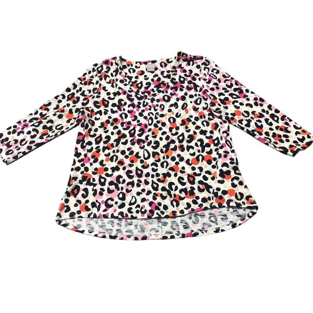 Chico’s Women’s Top Tunic Animal Print V Neck High Low Hem 3/4 Sleeve